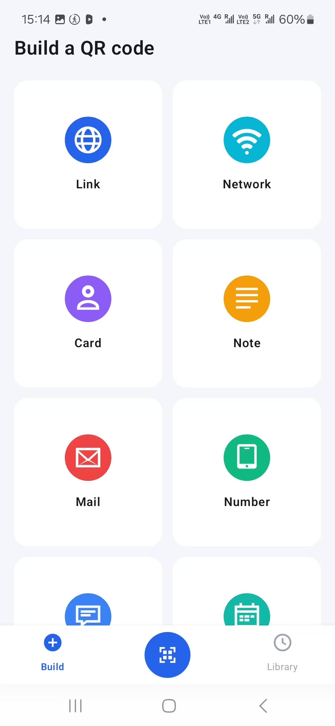 QR code builder type selection screen