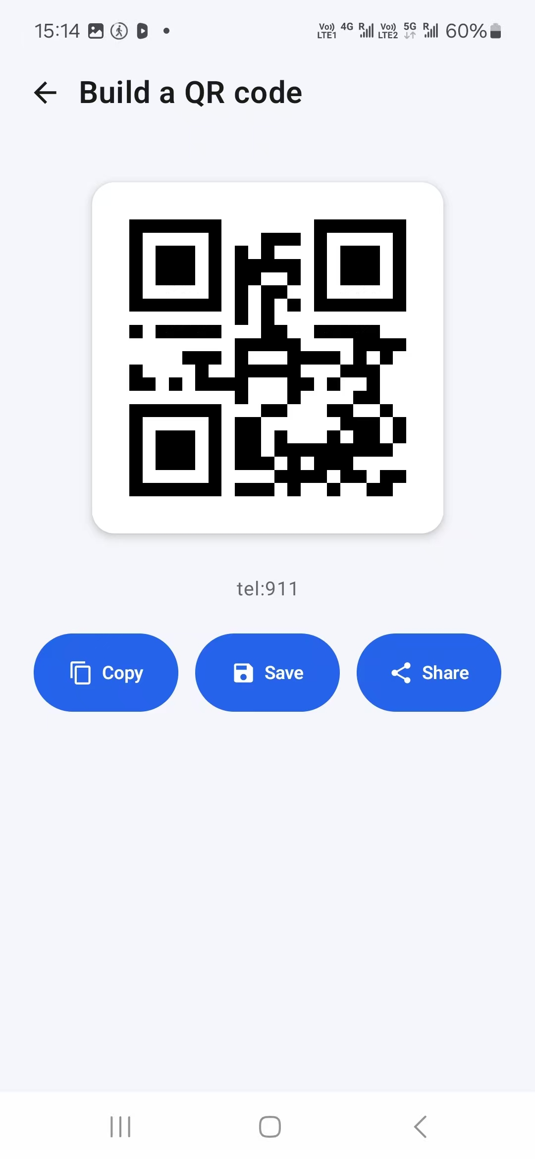 Generated QR code with copy save and share actions